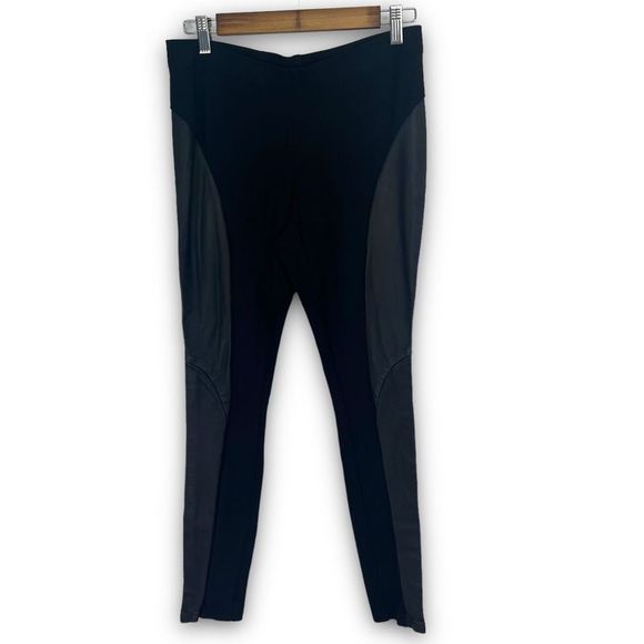Trina Turk Black Gray Colorblock Mid‎ Rise Leather Side Panel Leggings Size 4 - Picture 1 of 13
